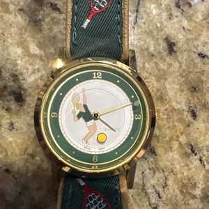 Tennis Player Round Gold Tone Analog Watch Men's Tennis Leather Bands